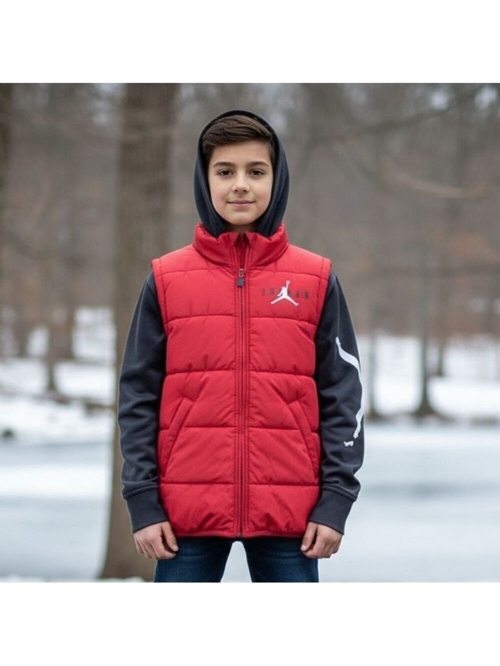 Jordan Puffer Vest look Jacket Red/Black Colorblock Youth Size M (10-12 Years)